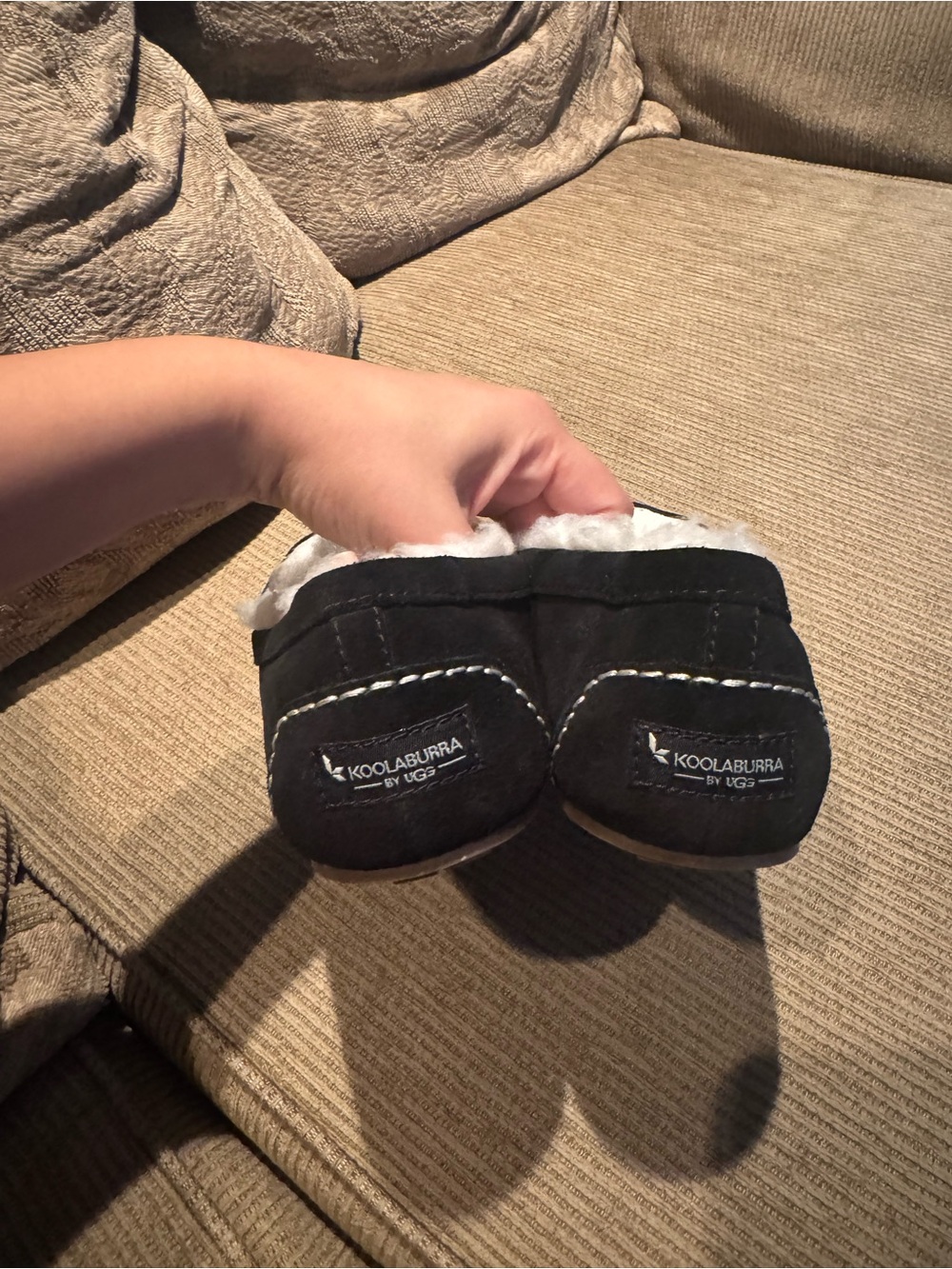 Koolaburra Black Suede Moccasin Slippers with White Shearling - Picture 6 of 7